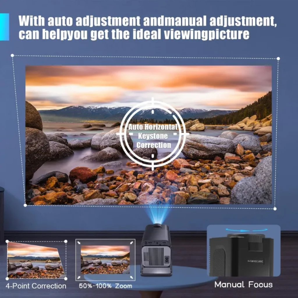 Magcubic HY320 NTV con corrección trapezoidal automática, zoom 50-100 %, enfoque manual y ajuste 4 puntos para imagen nítida