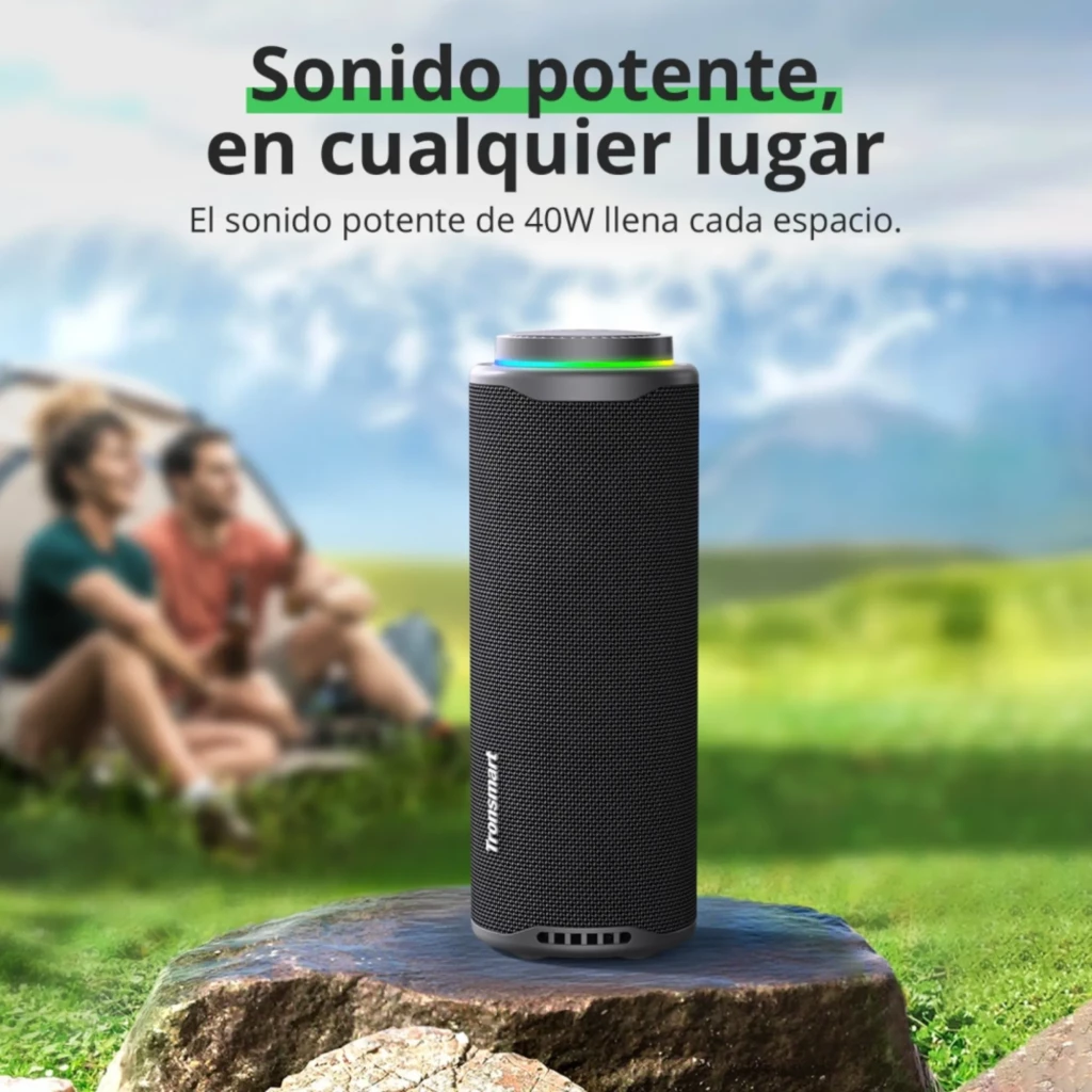 Tronsmart T8 40W Sistema 2.1 Altavoz portátil cilíndrico con malla negra, anillo LED superior multicolor y rejilla frontal; diseño robusto para exterior