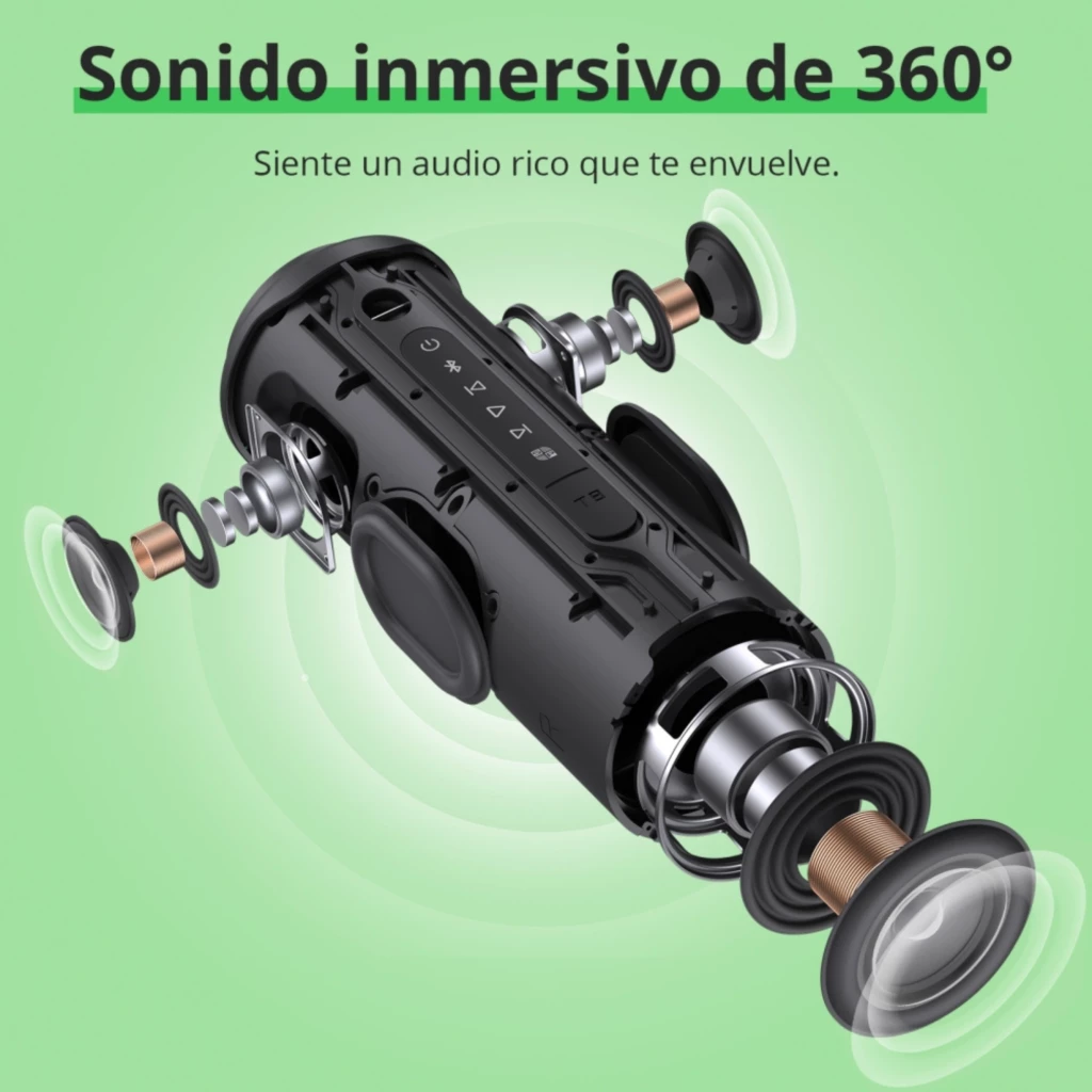 Tronsmart T8 40W Sistema 2.1 Altavoz portátil Bluetooth con drivers expuestos, radiadores pasivos laterales y diseño cilíndrico para sonido 360° envolvente