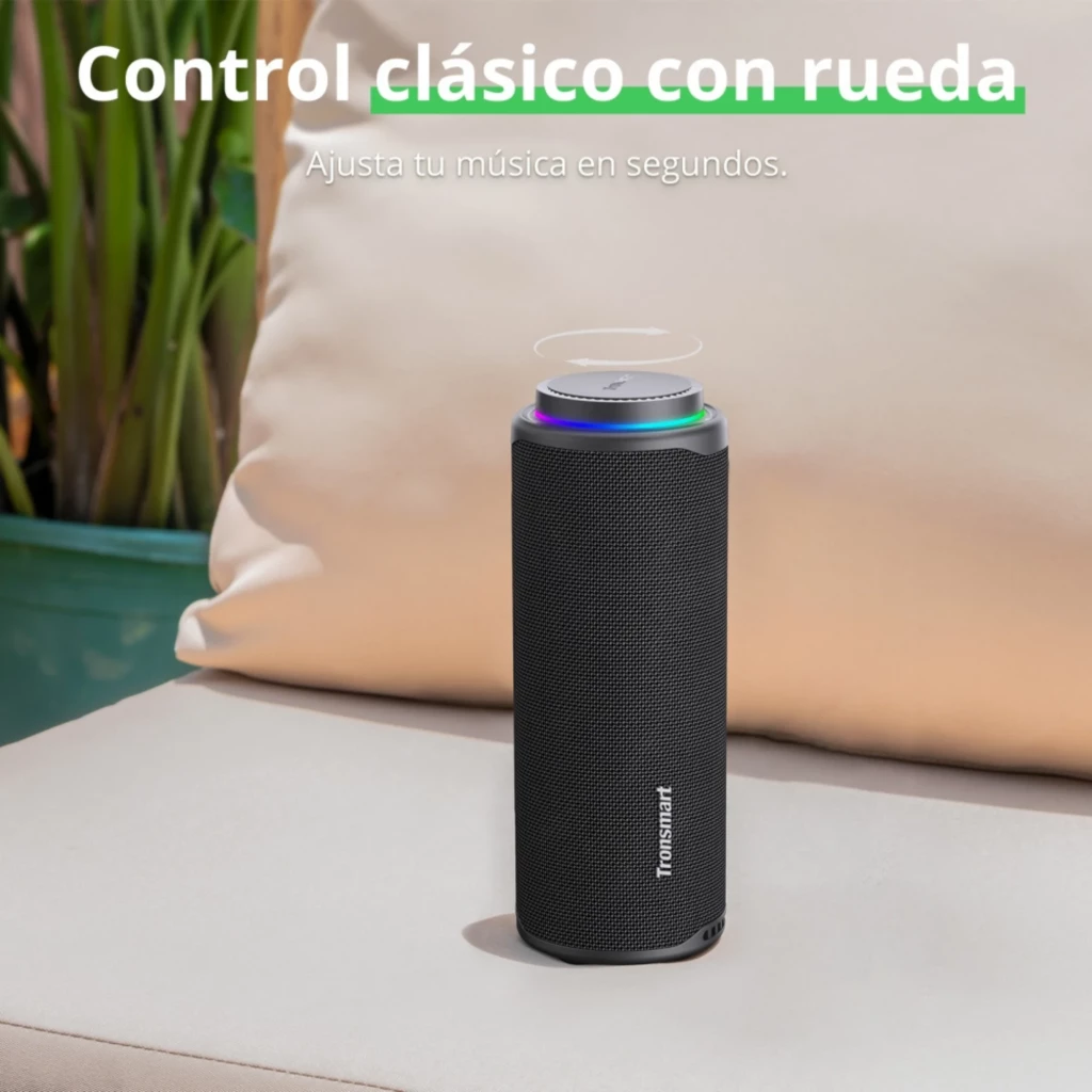 Tronsmart T8 40W Sistema 2.1 Altavoz portátil Bluetooth cilíndrico con malla negra, aro LED multicolor y control por rueda superior, diseño resistente y