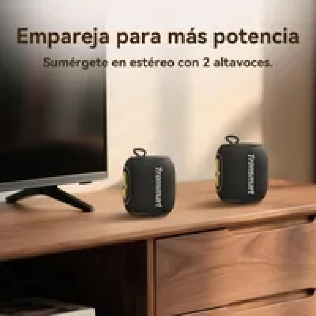 Tronsmart T8 Mini 16 W IPX7 enceinte Bluetooth compacte noire, design carré avec sangle, deux unités appariées pour stéréo sur meuble TV