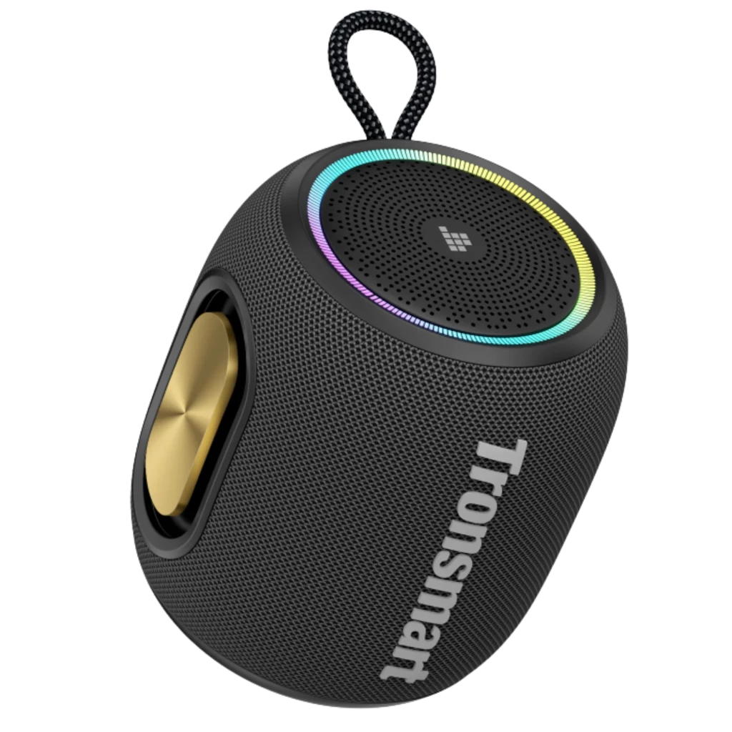 Tronsmart T8 Mini 16W IPX7 Negro, altavoz portátil con rejilla metálica, asa de cordón, radiadores laterales dorados y aro LED RGB en la parte superior