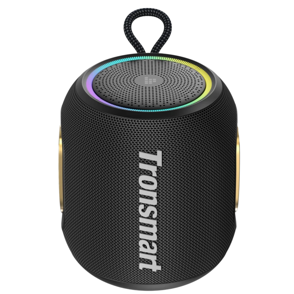 Tronsmart T8 Mini 16W IPX7 Negro altavoz portátil cilíndrico con malla negra, aro LED multicolor superior, asa de cordón y rejilla superior perforada