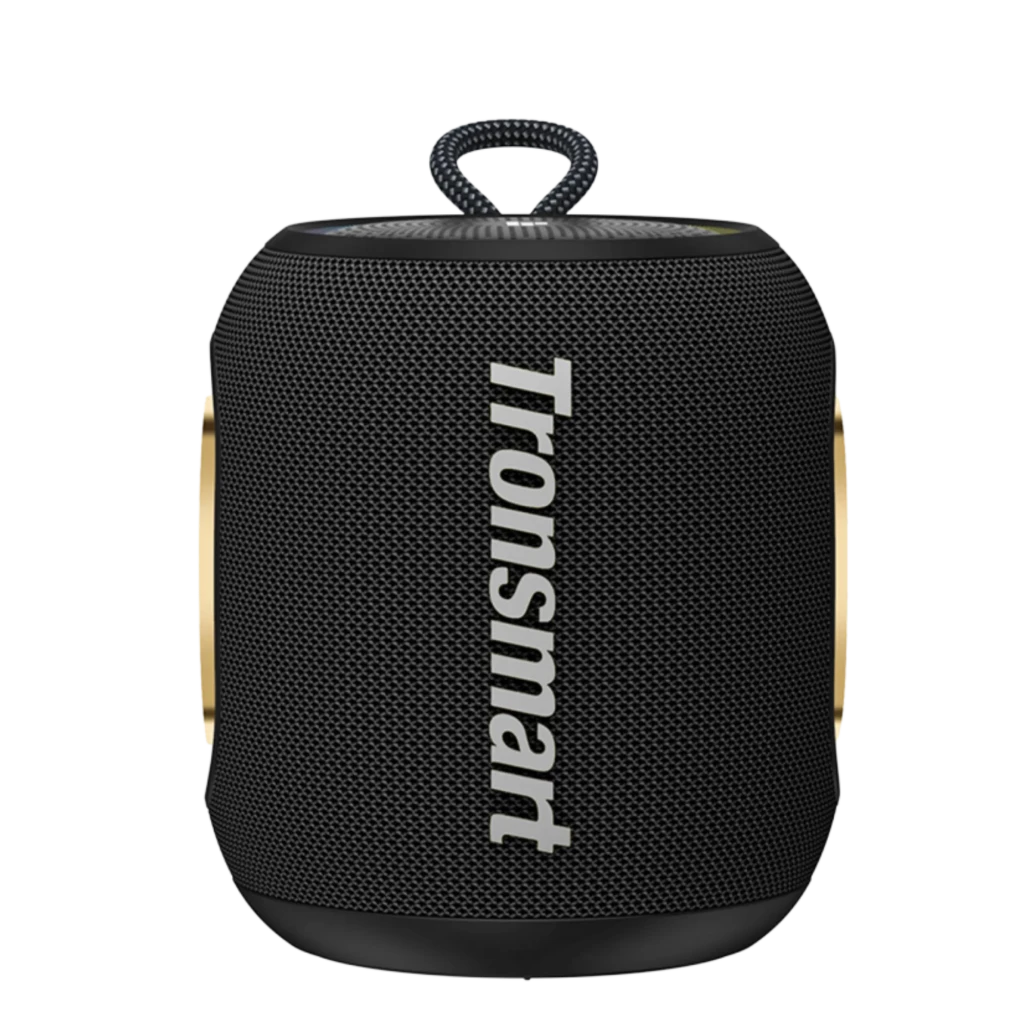 Tronsmart T8 Mini 16W IPX7 Negro altavoz portátil cilíndrico con malla metálica, asa superior y logo lateral grande, diseño compacto y resistente al agua