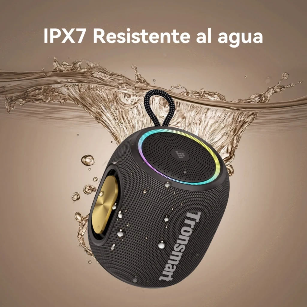 Tronsmart T8 Mini 16W IPX7 Negro, altavoz portátil cilíndrico con asa de cordón, luz LED multicolor, rejilla negra y radiadores pasivos dorados salpicados
