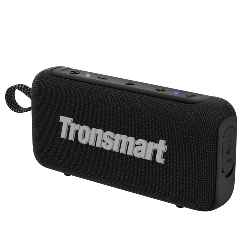 Tronsmart Trip 2 coluna portátil 10 W com tecido preto, logotipo em relevo, laço lateral e botões superiores; LEDs indicam status Bluetooth 5.3
