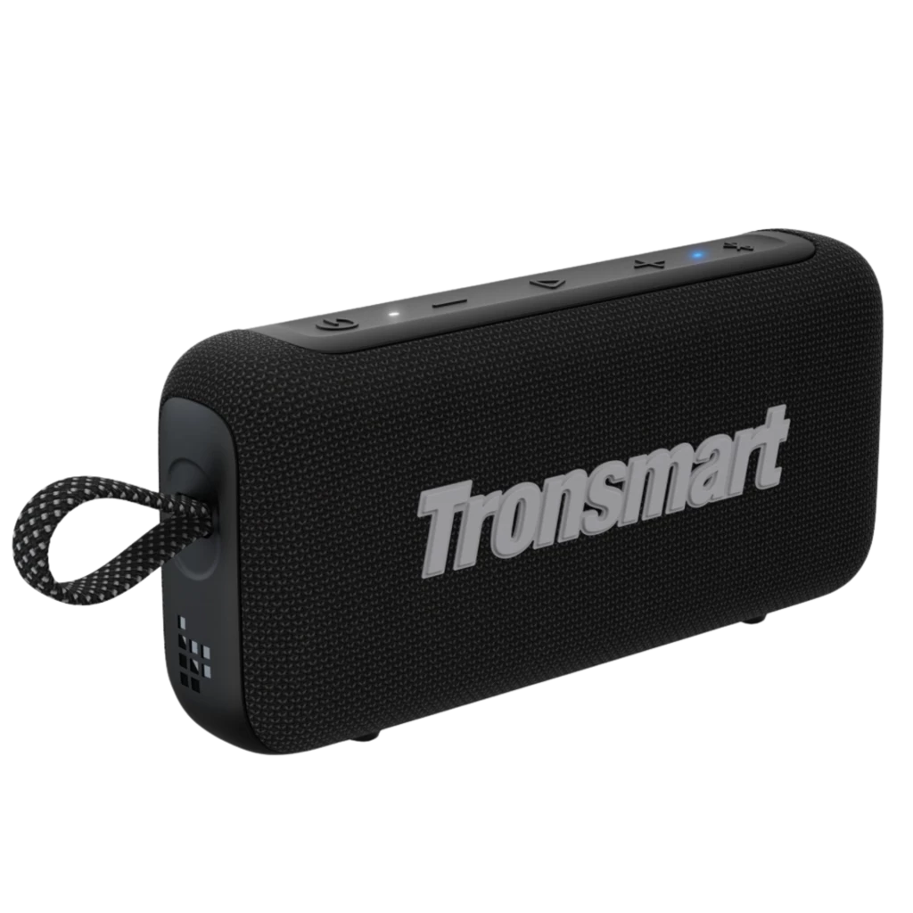 Tronsmart Trip 2, coluna portátil preta 10 W com tecido resistente, logótipo em destaque, botões superiores e cordão lateral para transporte