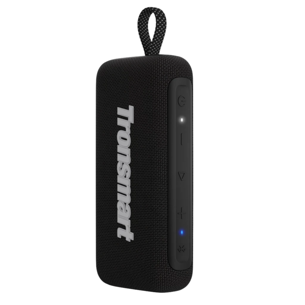 Tronsmart Trip 2 10 W Bluetooth 5.3 coluna portátil preta com malha têxtil, logo lateral, botões de controlo em borracha e alça para transporte exterior