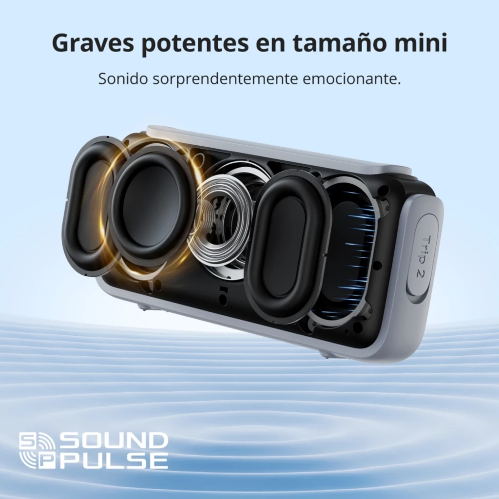 Tronsmart Trip 2 10 W Bluetooth 5.3 com design compacto, radiadores passivos duplos e drivers expostos, destaque para graves potentes e tecnologia SoundPulse