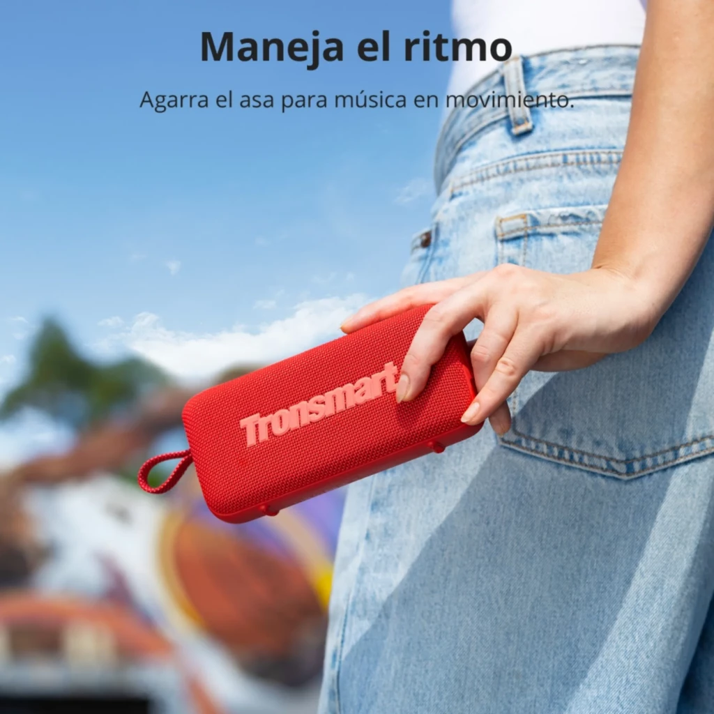 Tronsmart Trip 2 10 W Bluetooth 5.3, coluna portátil vermelha com alça de mão e malha frontal, design compacto para uso ao ar livre
