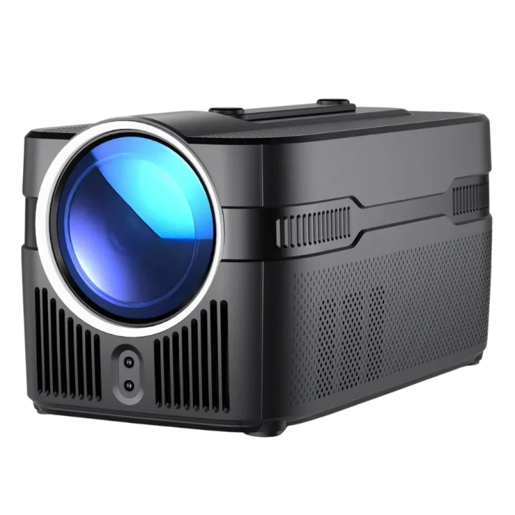 Magcubic HY450C FHD 900 ANSI Proyector compacto negro con gran lente frontal azul, rejillas laterales de ventilación y diseño rectangular moderno