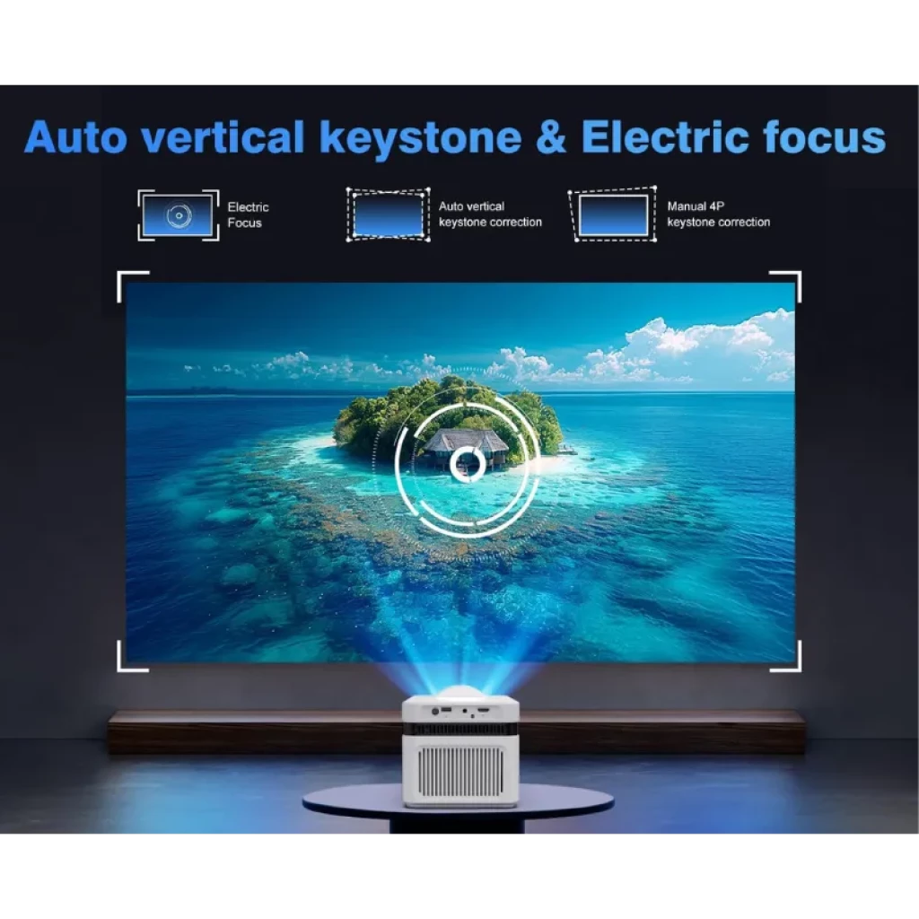 Magcubic HY450 proyecta imagen nítida con enfoque eléctrico y corrección keystone vertical automática, diseño compacto en color blanco