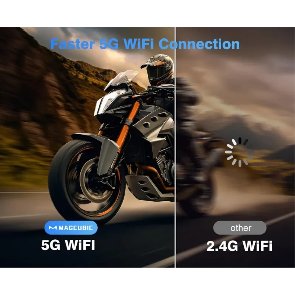 Magcubic HY450 con 5G WiFi: comparación visual de velocidad, lado izquierdo nítido y fluido, derecho borroso con búfer 2.4G WiFi