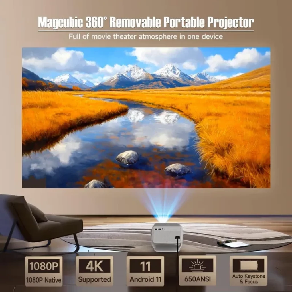 Magcubic L018 FHD 400 ANSI - Proyector compacto blanco con proyección frontal brillante, base ajustable, enfoque y corrección trapezoidal automáticos