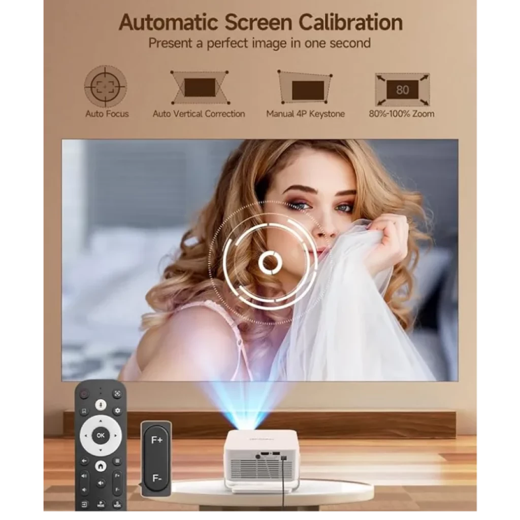 Proyector compacto blanco con luz frontal azul, pantalla calibración automática, mando a distancia y lente central iluminada