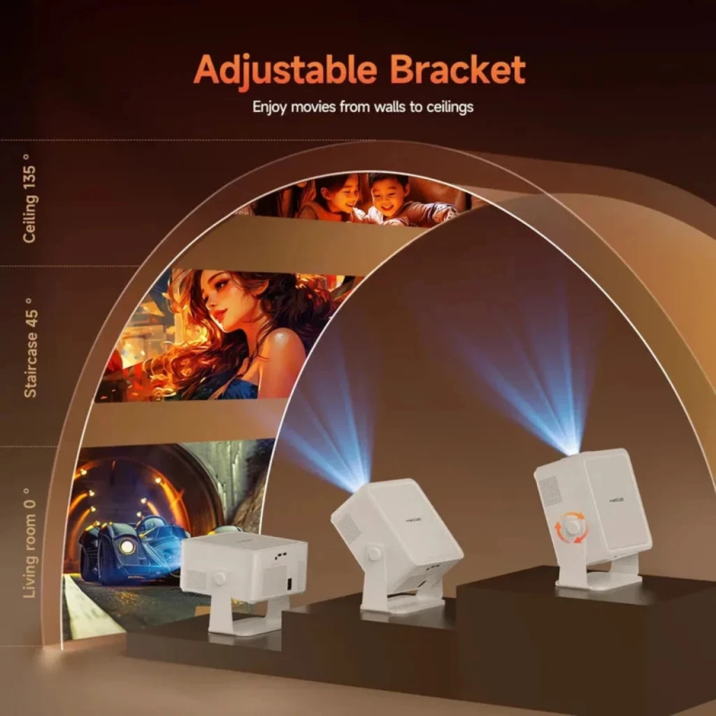 Magcubic HY450 MAX FHD 1100 ANSI con soporte ajustable: proyección desde sala, escaleras y techo, imagen nítida y brillante, diseño compacto blanco