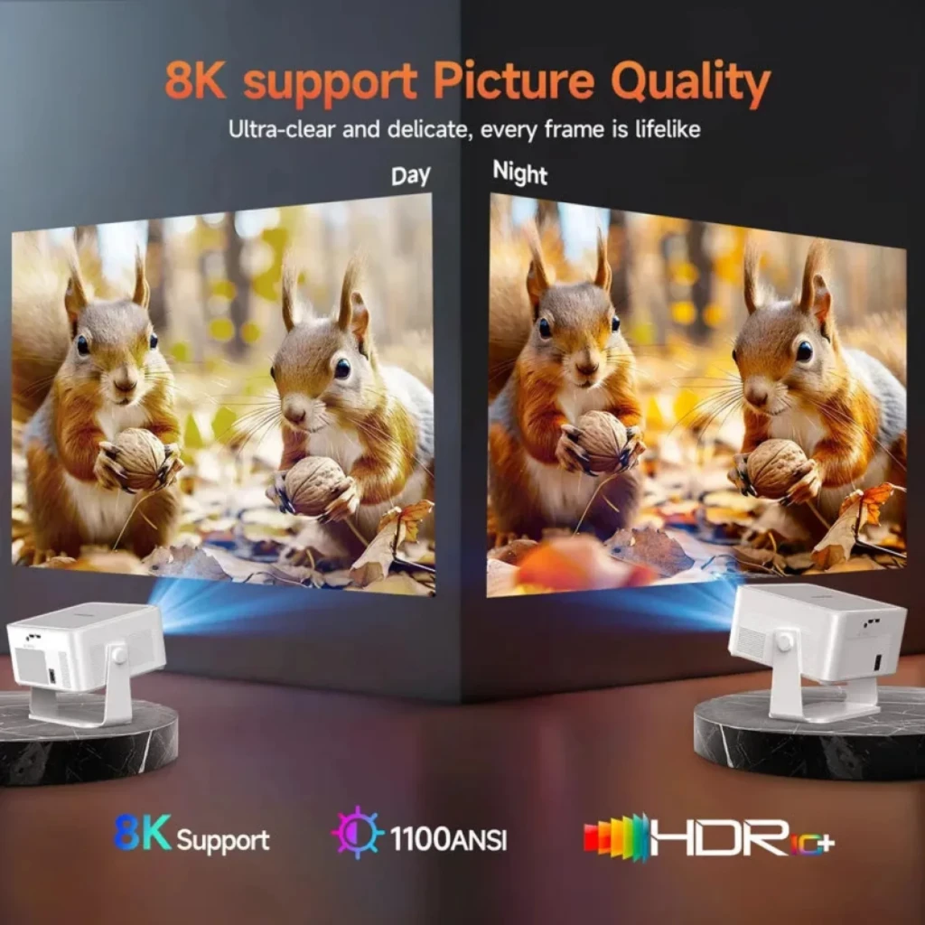 Magcubic HY450 MAX FHD 1100 ANSI proyector blanco con soporte 8K, HDR10+, imagen nítida día y noche, diseño compacto sobre base giratoria