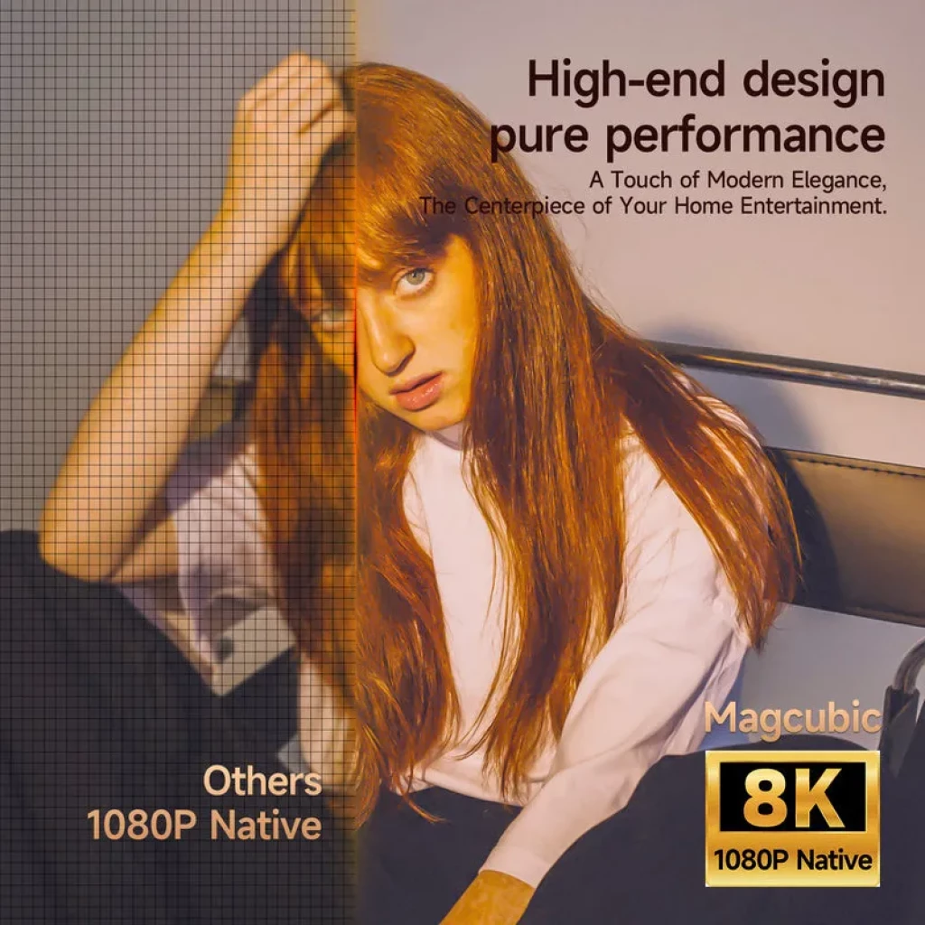 Magcubic X7 8K 1000 ANSI - Proyector con diseño premium, nitidez 8K y 1080P nativo; contraste visual entre alta definición y 1080P estándar