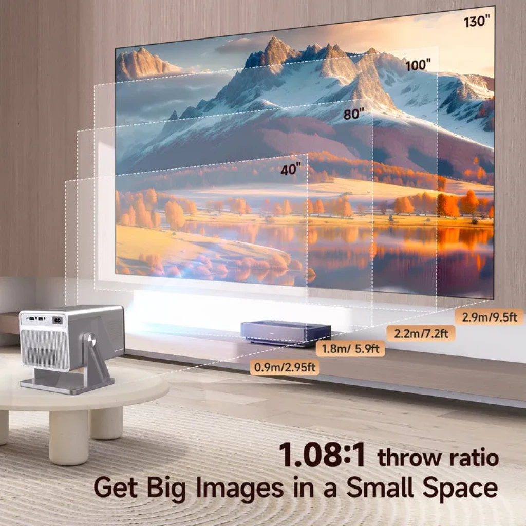 Magcubic X7 8K 1000 ANSI - Proyector láser de tiro corto, crea pantallas de 40 a 130 pulgadas en espacios reducidos; compacto, gris, con rejilla lateral