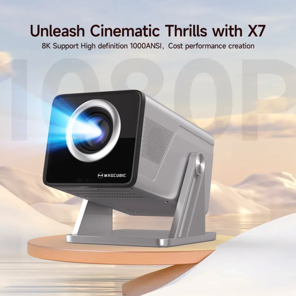 Magcubic X7 8K 1000 ANSI - Proyector compacto gris con lente frontal iluminada y soporte metálico ajustable, diseño moderno y robusto para cine en casa