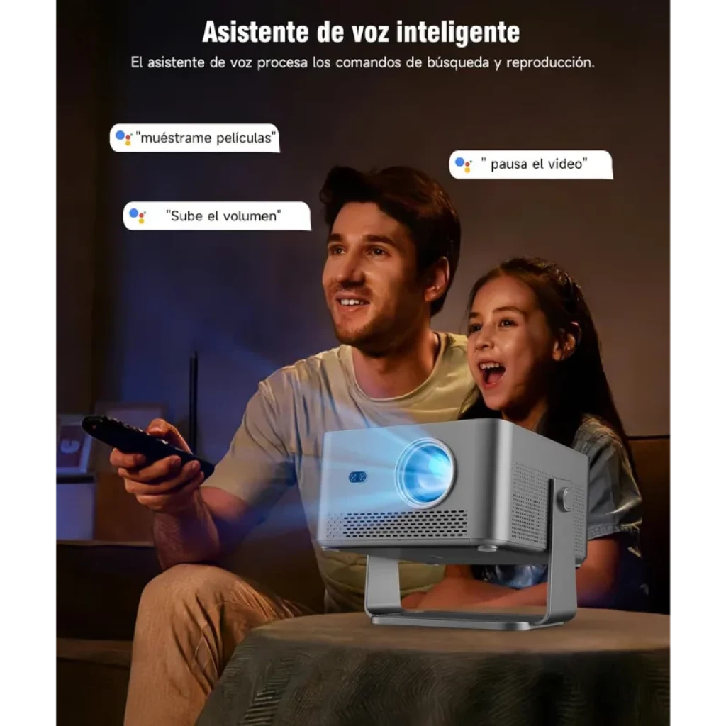 Magcubic HY450GT FHD 800 ANSI - Proyector con lente frontal azul, cuerpo gris compacto y soporte ajustable, control por voz y proyección brillante en sala