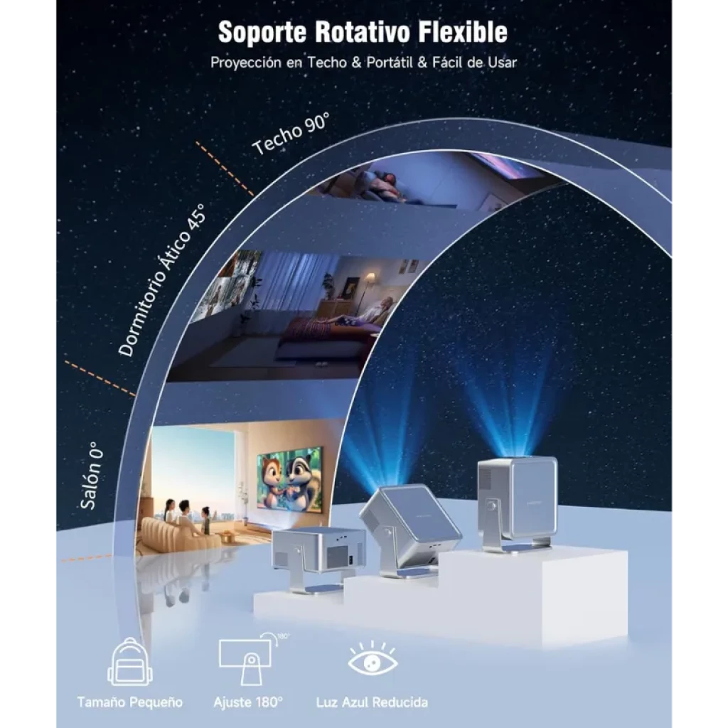 Magcubic HY450GT FHD 800 ANSI - Proyector con soporte rotativo flexible 0°-90°, proyección en techo y pared, tamaño compacto y luz azul reducida