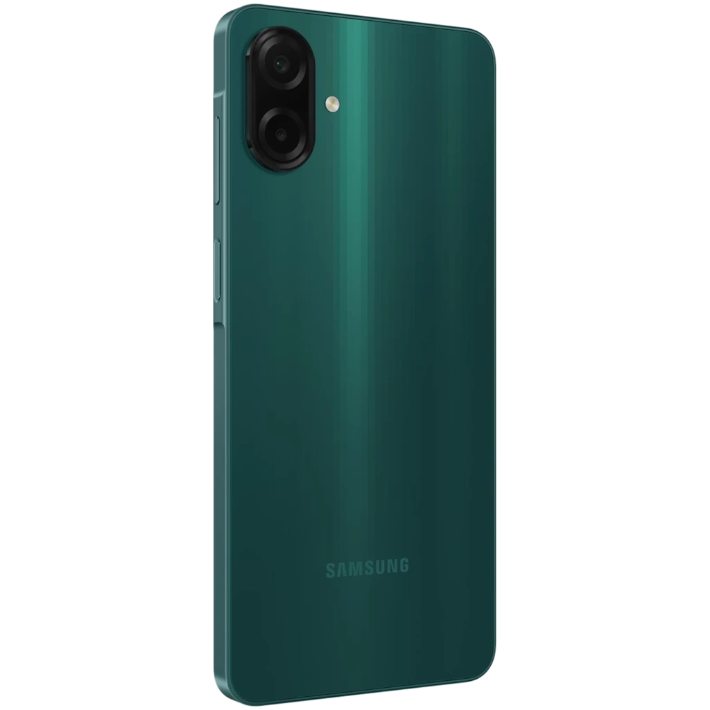 Smartphone verde con acabado brillante, dos cámaras traseras verticales con flash, bordes rectos y logo Samsung en la parte inferior trasera