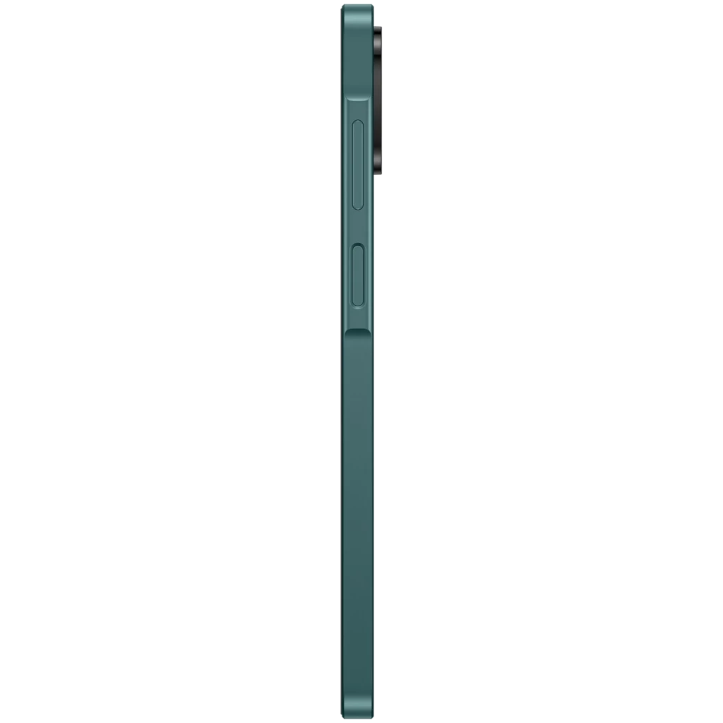 Lateral del Samsung Galaxy A07 4G verde con bordes planos, botón de encendido y volumen, y módulo de cámara trasero sobresaliente.