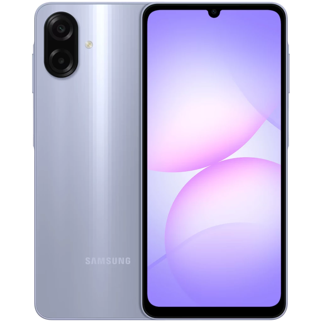 Samsung Galaxy A07 4G violeta con pantalla amplia sin marcos, notch en gota y doble cámara trasera vertical; diseño brillante y minimalista