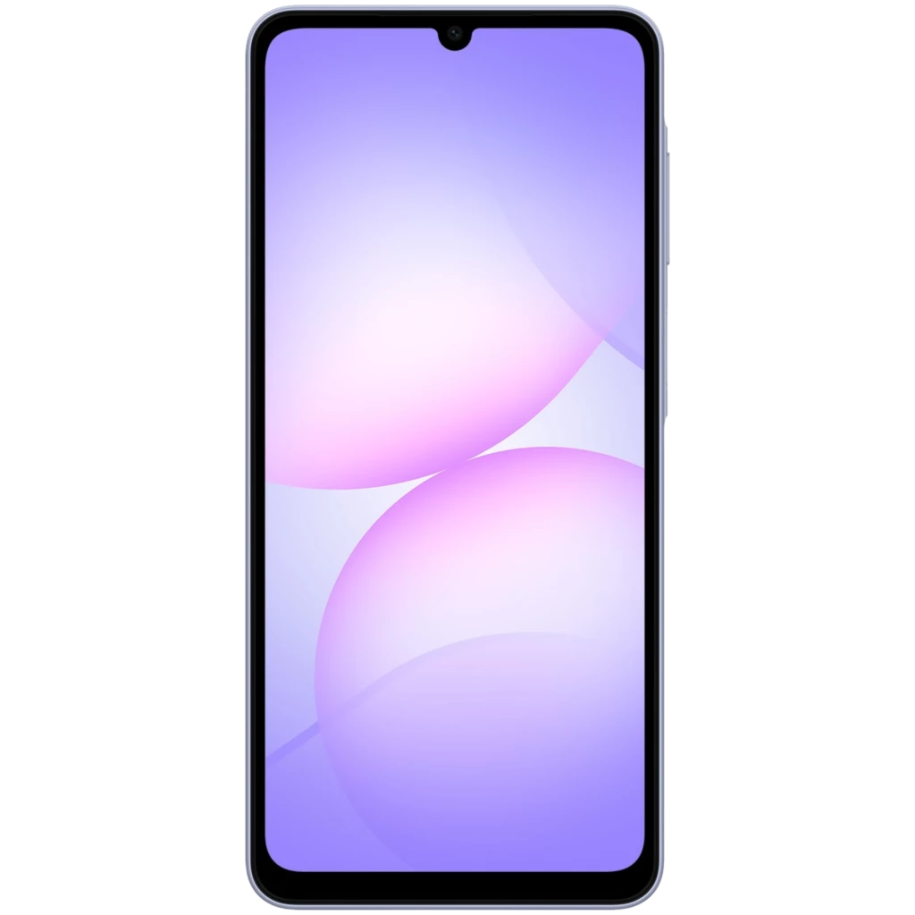 Samsung Galaxy A07 4G violeta con pantalla grande sin marcos y notch en gota, bordes curvos y diseño moderno; ideal para uso diario y multimedia