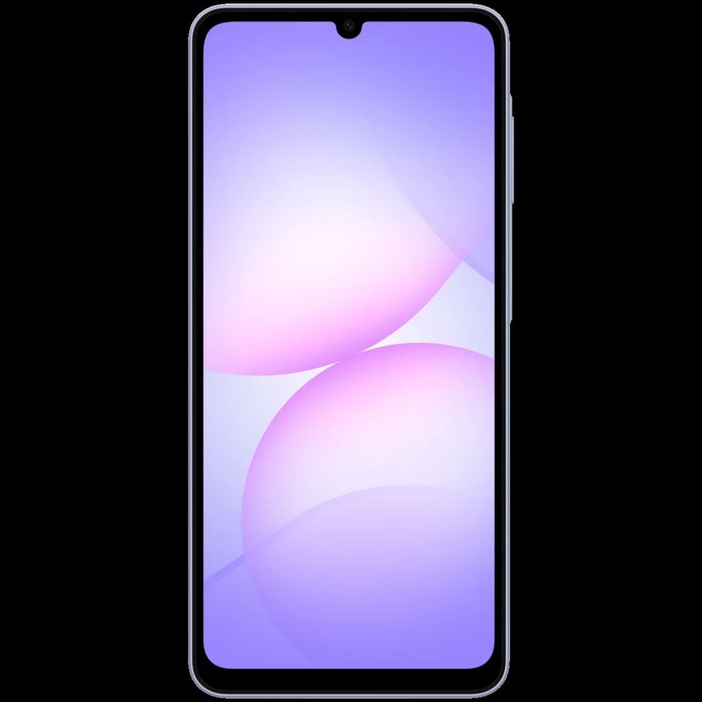 Samsung Galaxy A07 4G violeta con pantalla grande sin marcos y notch en gota, bordes curvos y diseño moderno; ideal para uso diario y multimedia