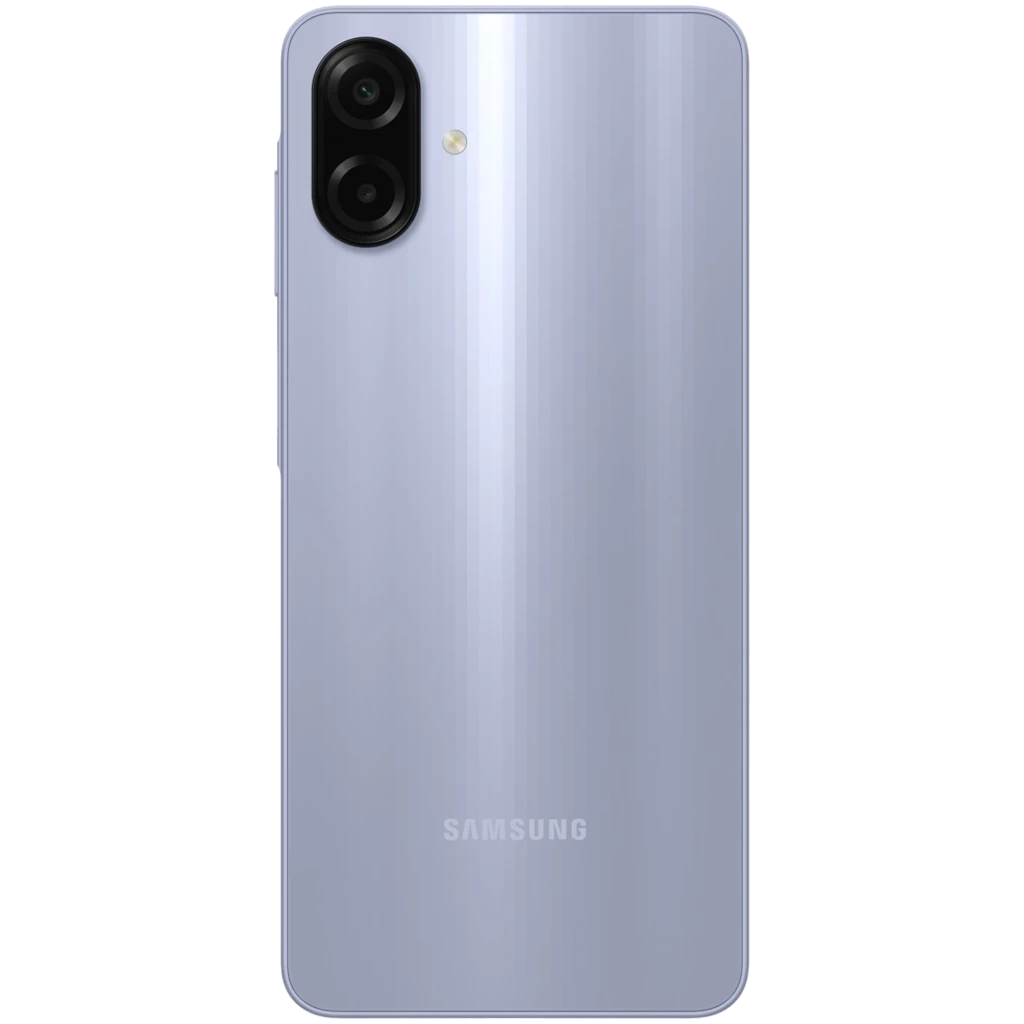 Parte trasera del Samsung Galaxy A07 4G violeta con acabado brillante, doble cámara vertical con flash y logo Samsung centrado en la carcasa lisa