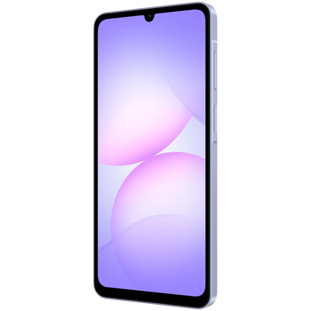 Samsung Galaxy A07 4G violeta con pantalla amplia sin bordes, notch en gota y marco lateral con botones de volumen y encendido