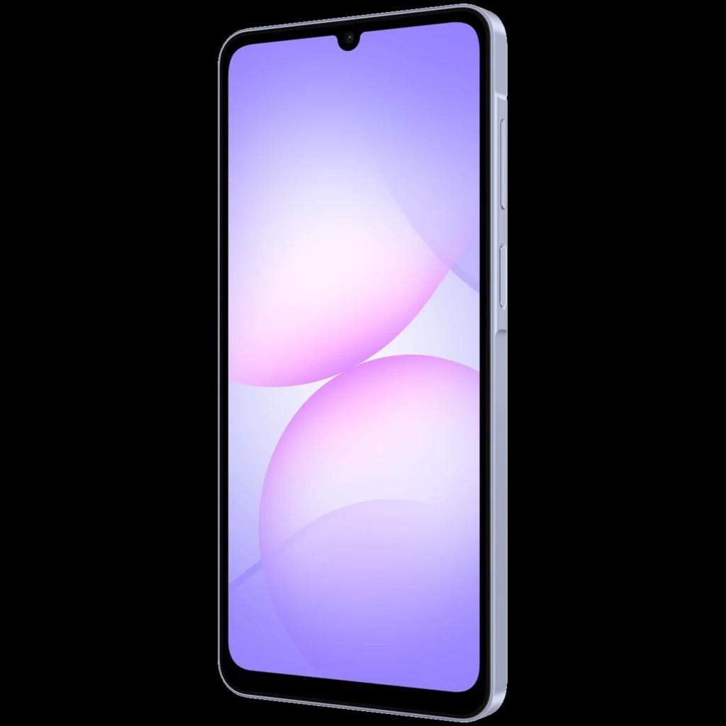 Samsung Galaxy A07 4G violeta con pantalla amplia sin bordes, notch en gota y marco lateral con botones de volumen y encendido