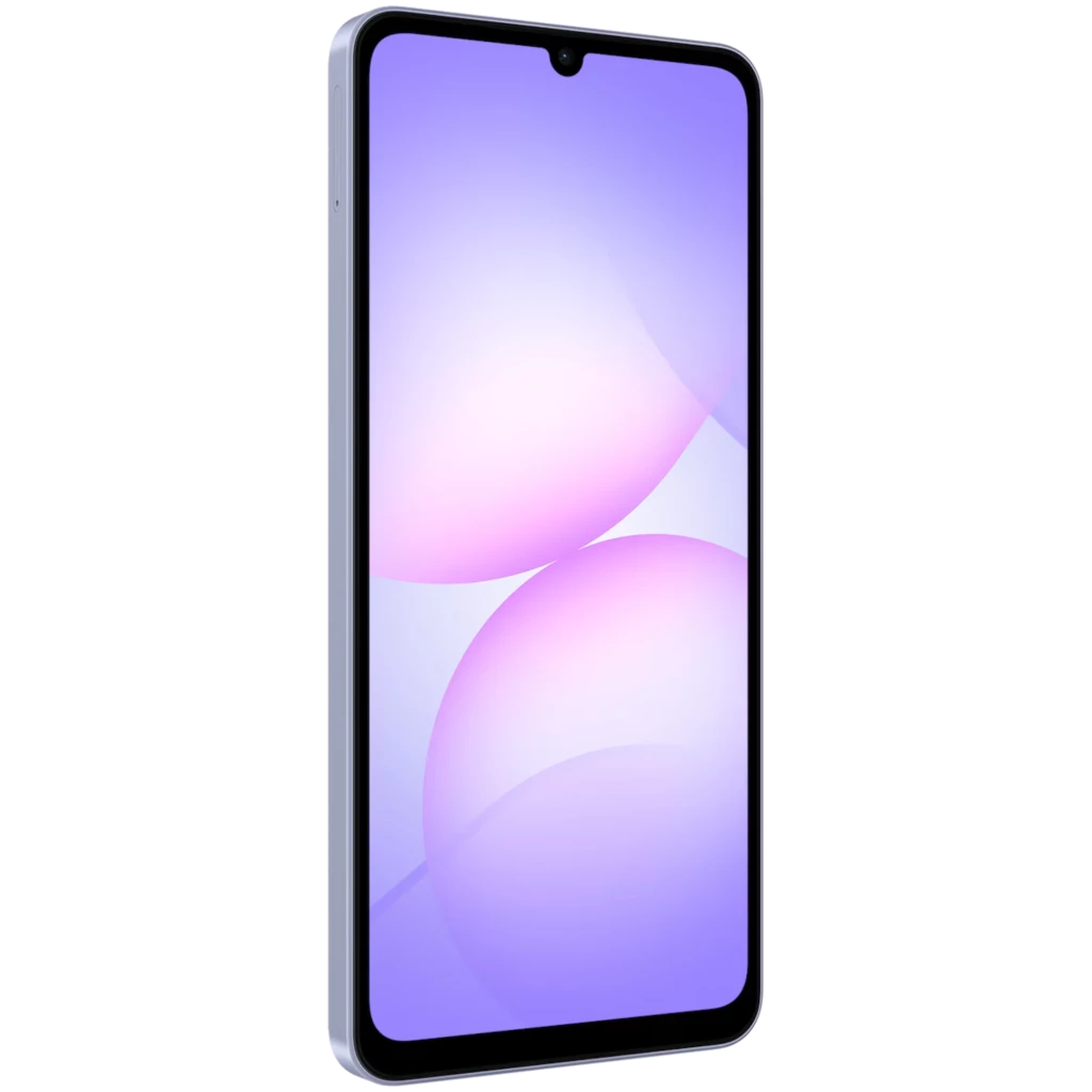Smartphone Samsung Galaxy A07 violeta con pantalla amplia de bordes delgados y notch en gota; diseño delgado con marco lateral plano y acabado mate