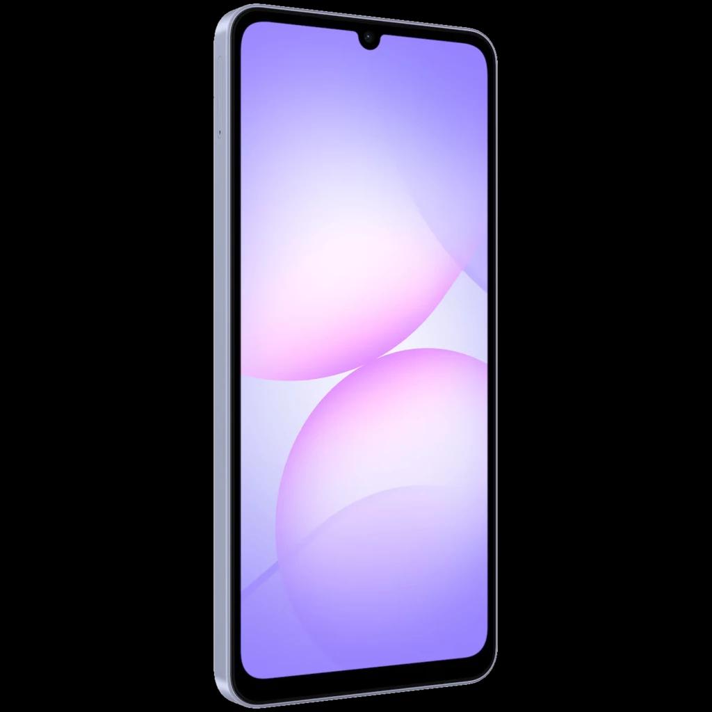 Smartphone Samsung Galaxy A07 violeta con pantalla amplia de bordes delgados y notch en gota; diseño delgado con marco lateral plano y acabado mate