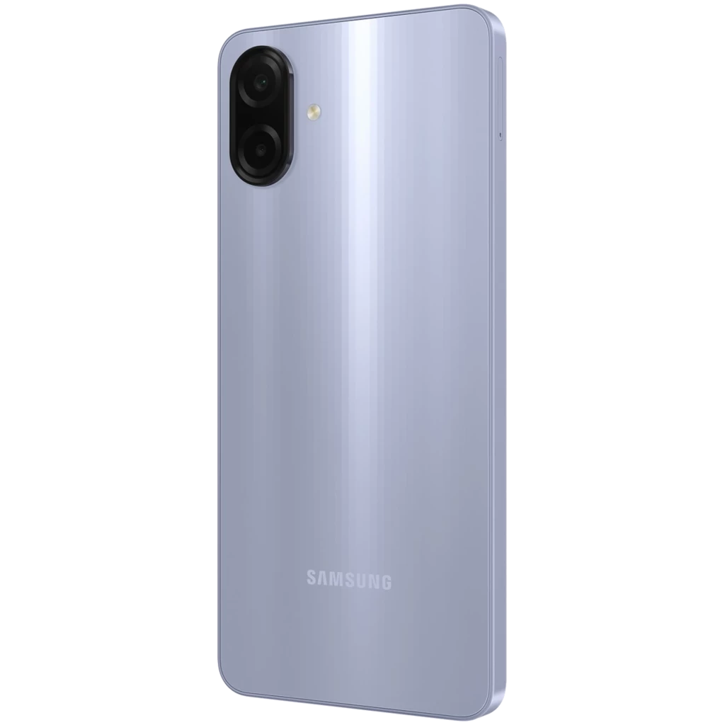 Samsung Galaxy A07 4G violeta con acabado brillante, doble cámara trasera vertical y flash LED; diseño delgado con bordes planos y logo Samsung discreto