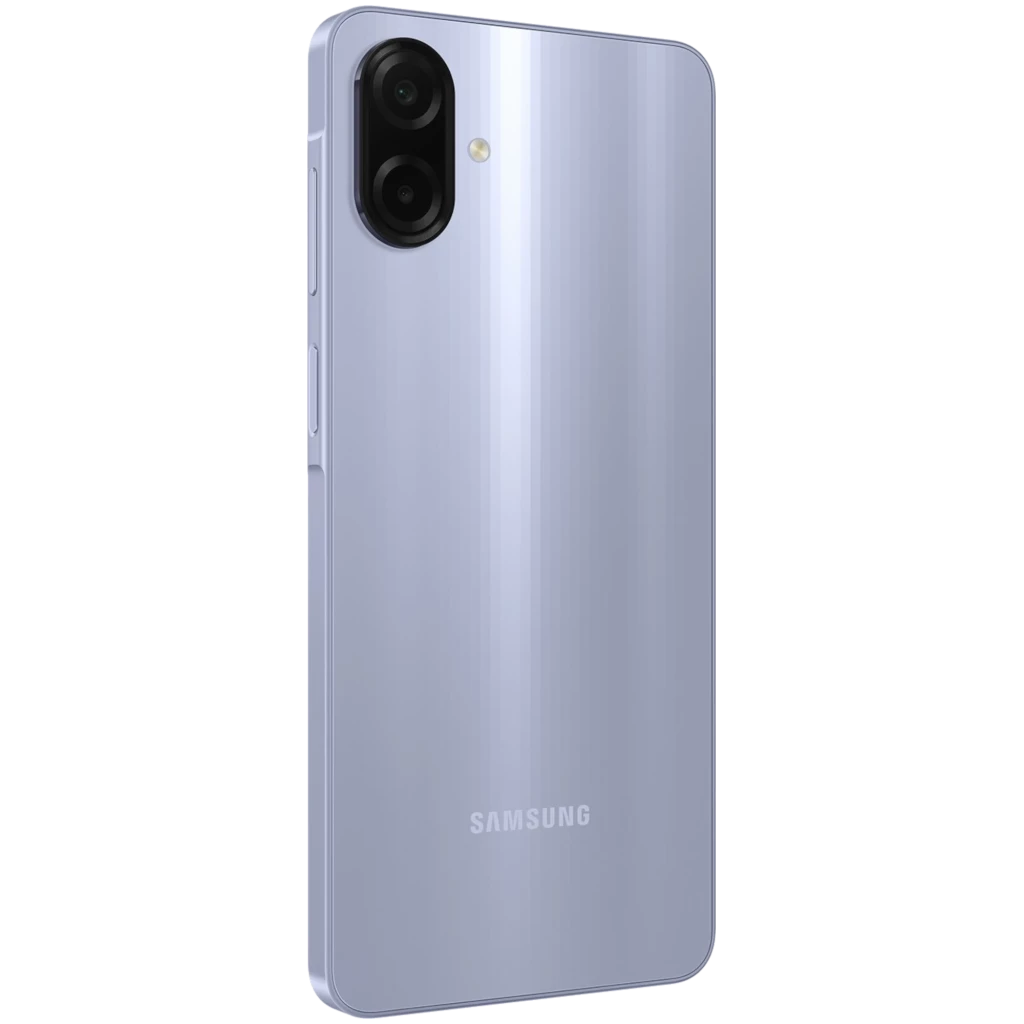 Samsung Galaxy A07 violeta con acabado brillante, doble cámara trasera vertical y cuerpo delgado con bordes curvos; diseño moderno y elegante