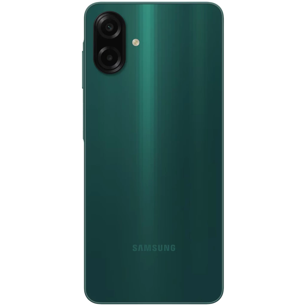 Samsung Galaxy A07 4G verde con tapa trasera brillante, doble cámara vertical con flash, bordes curvos y acabado metálico elegante