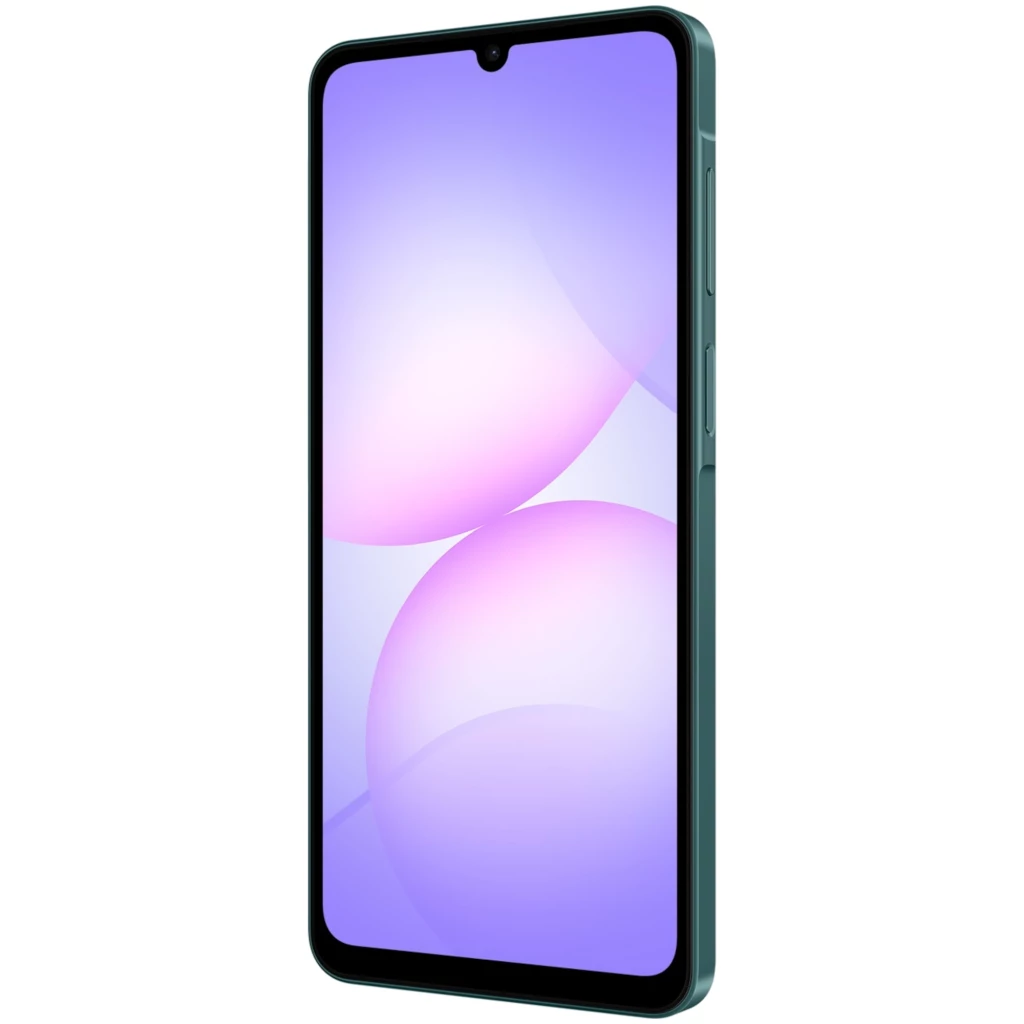 Samsung Galaxy A07 4G verde con pantalla de 6.7 pulgadas, borde delgado y notch en V; botón lateral y marco fino, diseño moderno y elegante