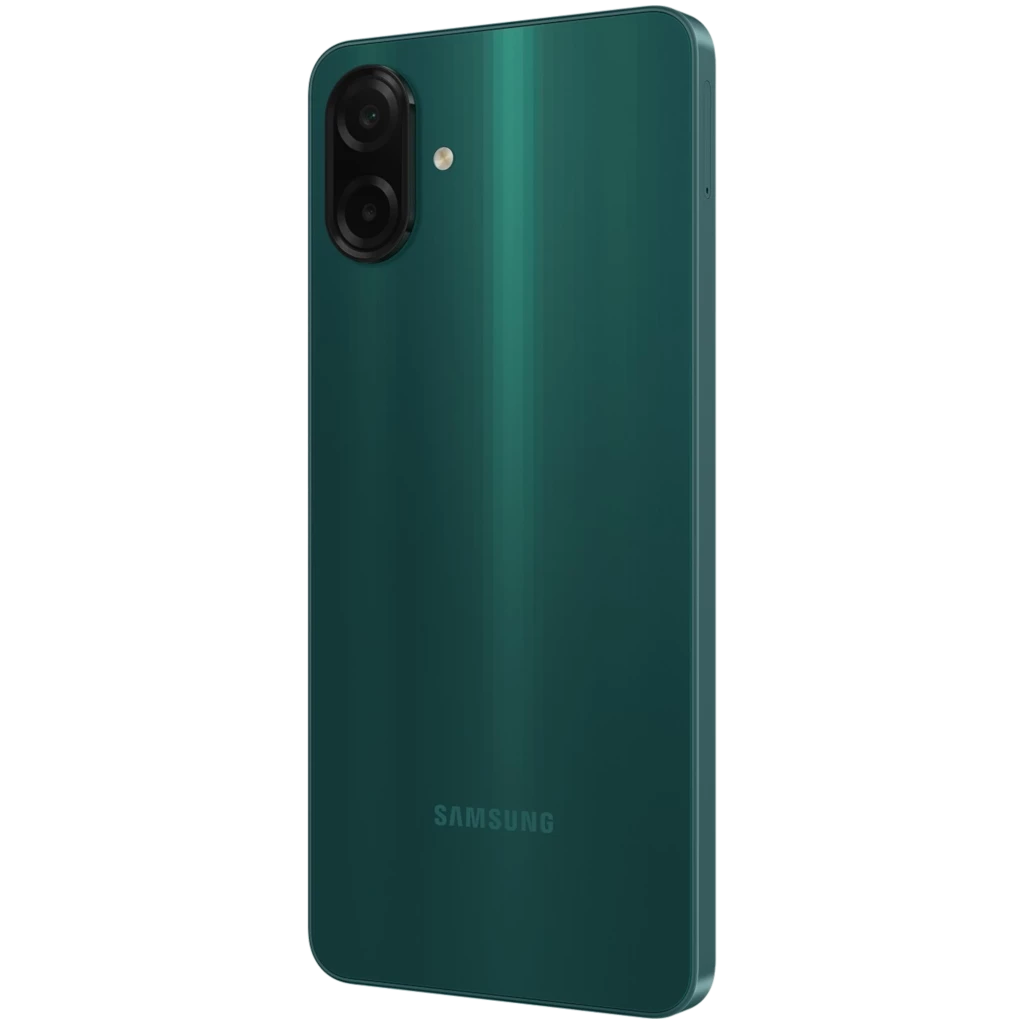 Samsung Galaxy A07 4G verde con acabado brillante, doble cámara trasera vertical y cuerpo delgado; diseño moderno que resalta en 6.7 pulgadas y 128GB