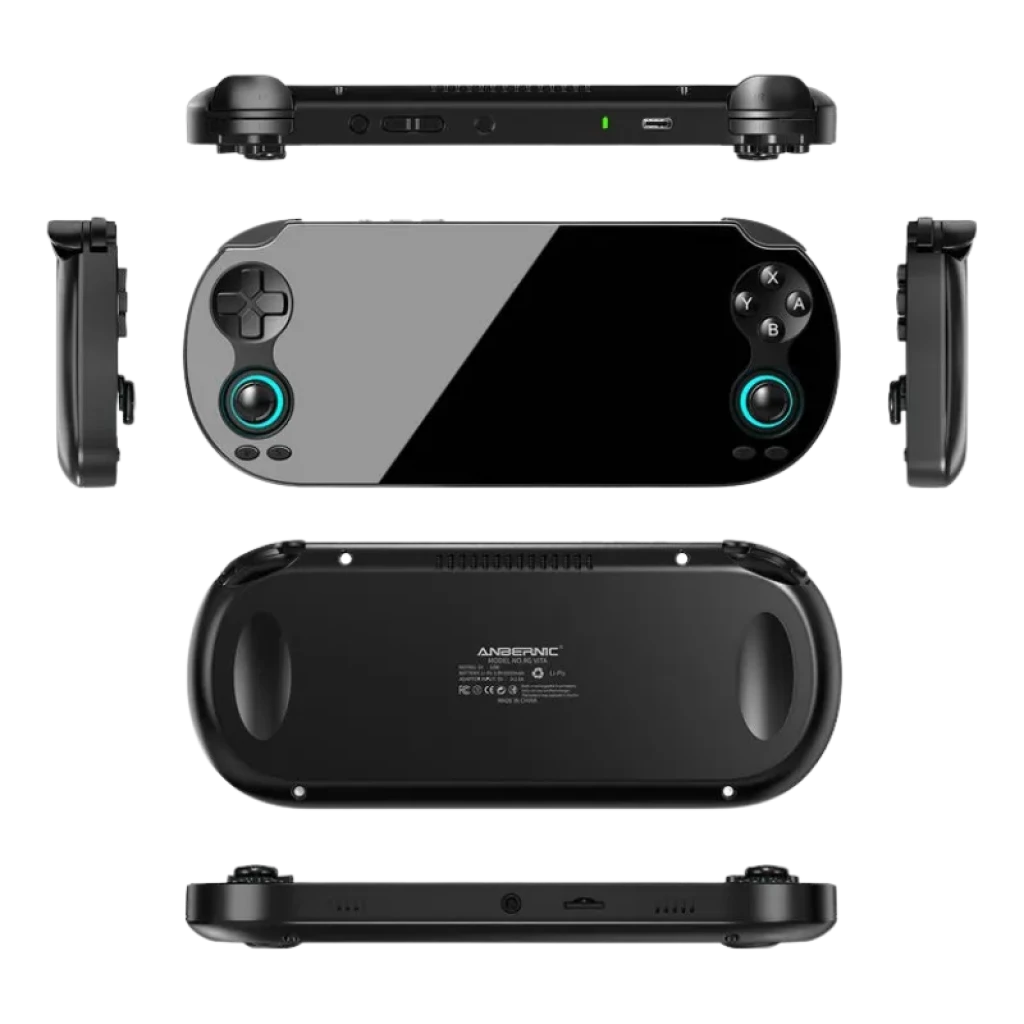Anbernic RG Vita Negro, consola retro portátil con pantalla amplia, joysticks con aro LED turquesa, cruceta izquierda y botones ABXY a la derecha