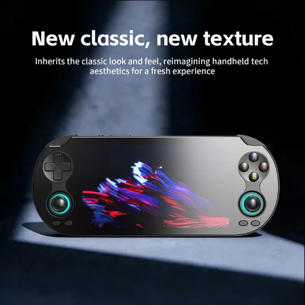 Anbernic RG Vita Negro con pantalla ancha, cruceta clásica, doble joystick iluminado y botones ABXY en chasis negro elegante