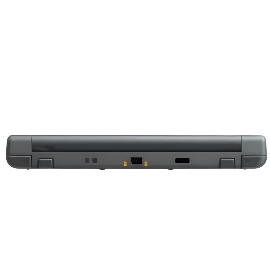 Nintendo 3DS XL Gris Renovado en excelente estado, vista del borde superior con bisagras sólidas, puerto de carga central y carcasa gris mate sin rayas