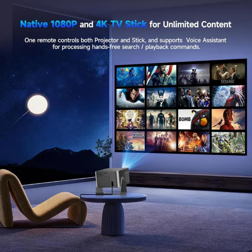 Magcubic HY350GT FHD 650 ANSI Proyector con resolución 1080p nativa, stick 4K TV, control por voz y proyección nítida en sala moderna con pantalla grande