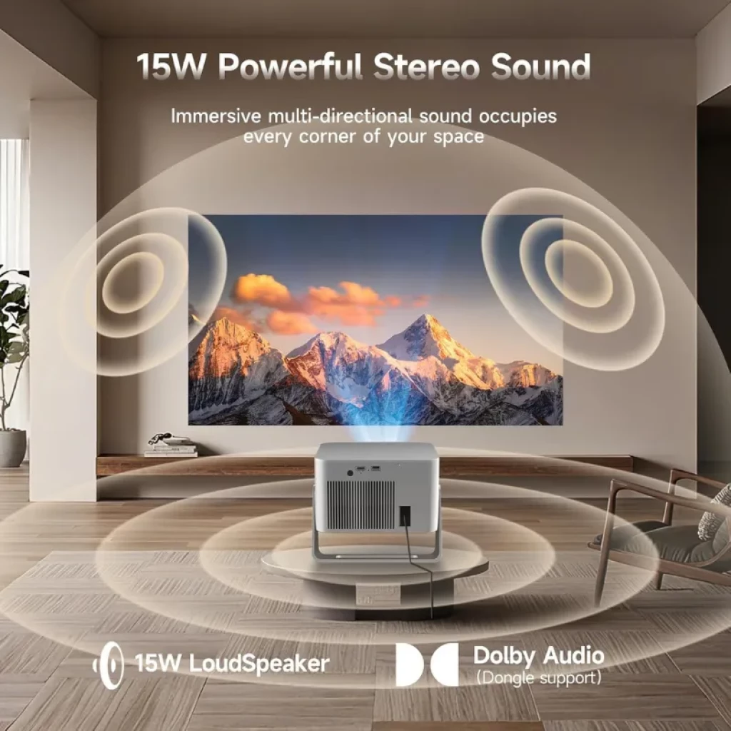 Magcubic HY350GT FHD 650 ANSI - Proyector con altavoz estéreo 15W, soporte Dolby Audio, proyección FHD nítida y sonido envolvente en sala moderna