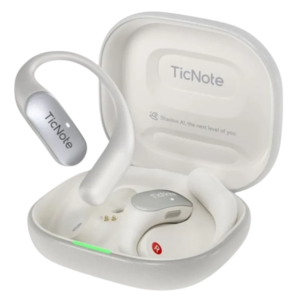 TicNote Pods 4G Blanco en estuche de carga blanco mate; auriculares open-ear curvos con panel plateado, almohadillas suaves y luz indicadora roja