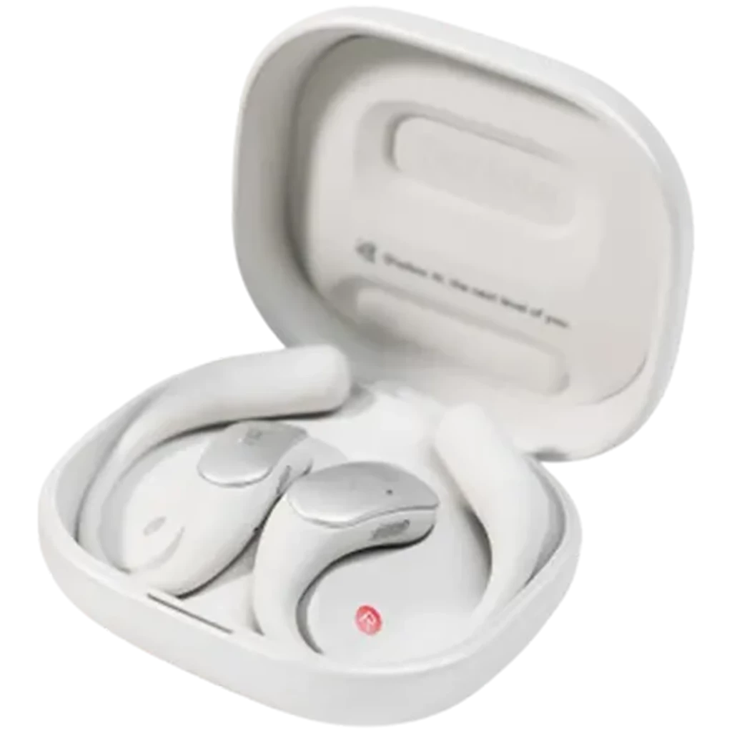 TicNote Pods 4G Branco em estojo compacto; design open-ear curvo, acabamento branco fosco com detalhes prateados, LEDs de status e encaixe ergonômico