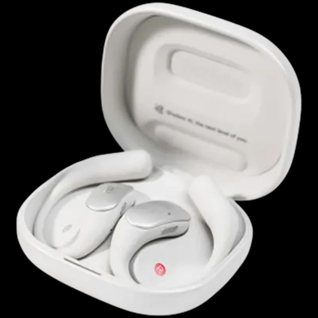 TicNote Pods 4G Blanco en estuche de carga blanco mate; auriculares open-ear curvos con panel plateado, almohadillas suaves y luz indicadora roja