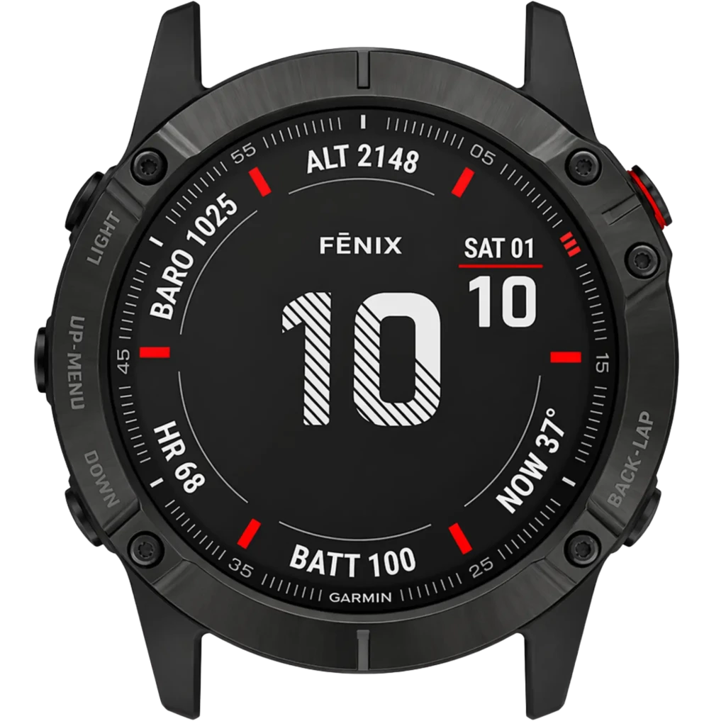 Garmin Fenix 6X Pro Premium Negro 51mm renovado: caja negra robusta, bisel metálico, botones rojos, pantalla circular con métricas deportivas y fecha visible